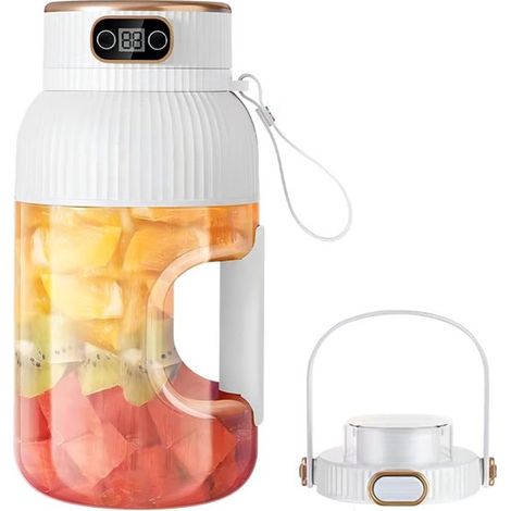 Kabelloser, tragbarer Standmixer mit Doppeldeckel und Digitalanzeige wiederaufladbar, mit 10 Klingen, für Smoothies und frische Säfte, weiß (1/5)