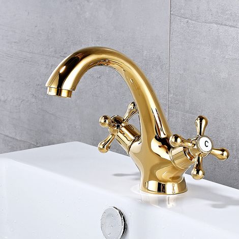 Grifo de baño de oro vintage, color latón antiguo, grifo de lavabo de doble manija, grifo de baño, grifo de estilo rústico, acabado cepillado, adecuado para el baño. (1/5)