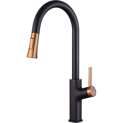 Homelody – Mitigeur de cuisine noir et doré avec douchette extractible – Bec haut 275 mm rotatif 360° – 2 jets au choix – Finition brossée résistante