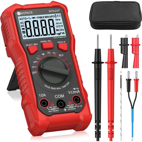 Multimètre Numérique 2000 Comptages Testeur Électrique AC DC Courant Tension Résistance Capacité NCV Fréquence Température avec Pince Crocodile (Rouge, 2000 Counts / 600V 10A) (1/5)