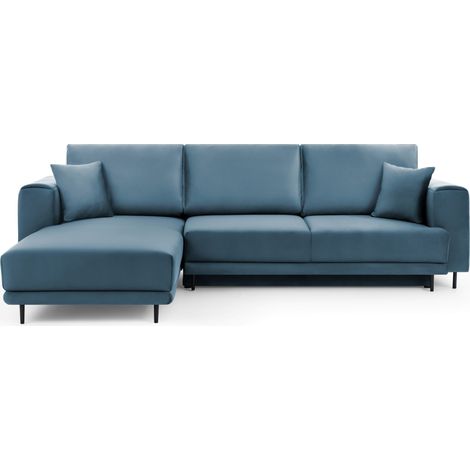 Canapé d'angle convertible velours DAVINA - Coffre et pieds métal noir angle gauche-Bleu canard-angle gauche (1/5)