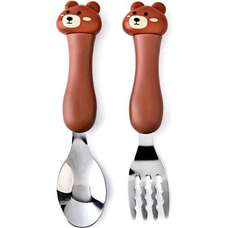 Ensemble de fourchettes et cuillères en acier inoxydable pour enfants 1 ensemble, animal de dessin animé en boîte (ours)