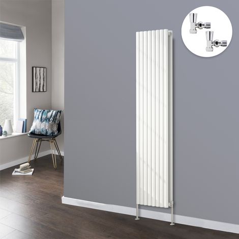 White Oval Radiator Designer Panel Radiators Bathroom Central Heating with Angled Manual Pair of Valves 1800x472mm Vertical Double (1/3)