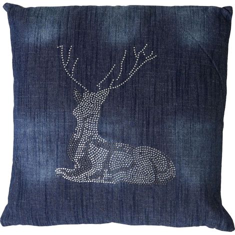 [JAMAIS UTILISÉ] Coussin de décoration, cerf, coussin avec bourrage, bleu avec pierres scintillantes, 45x45cm