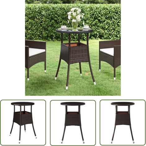 The Living Store Table de jardin Ø60x75 cm Verre trempé/résine tressée Marron - Table De Jardin - Table Extérieure - Mobilier De Jardin - Table Ronde - Table En Résine Tressée (1/5)