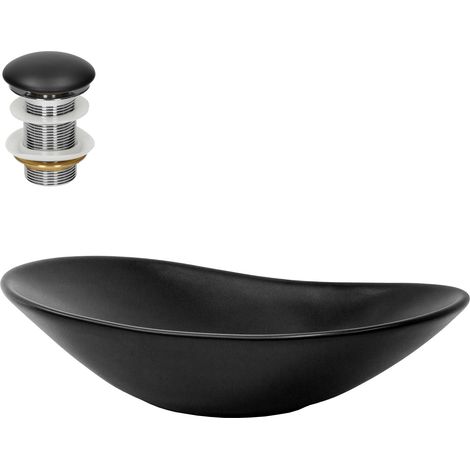 ML-Design Lavabo en Céramique Noir Mat, 63x36x15,5 cm, avec Garniture de Vidage 1 1/4" Universelle, Design Ovale, Vasque á Poser Moderne, Évier Lave-Mains pour Salle de Bain, Toilettes et WC Invités (1/5)