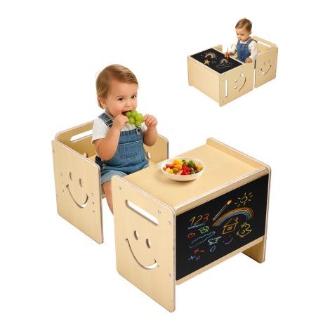 3 en 1 Juego de Mesa y Silla Montessori para Destete con Pizarra, mesa Montessori de altura ajustable 424 x 300 x 385 mm para Leer, Dibujar y Comer para Niños de 1 a 5 Años, Color Madera (1/5)