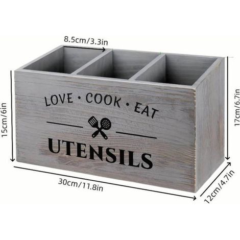 Porte-ustensiles de cuisine de style rétro, porte-couverts en bois, peut contenir spatules, fourchettes, cuillères, gris. (1/4)