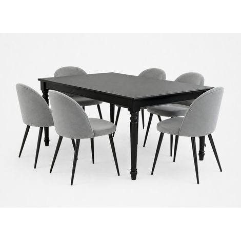 Amaretta Essgruppe Tisch schwarz 6 Stühle Velour grau.