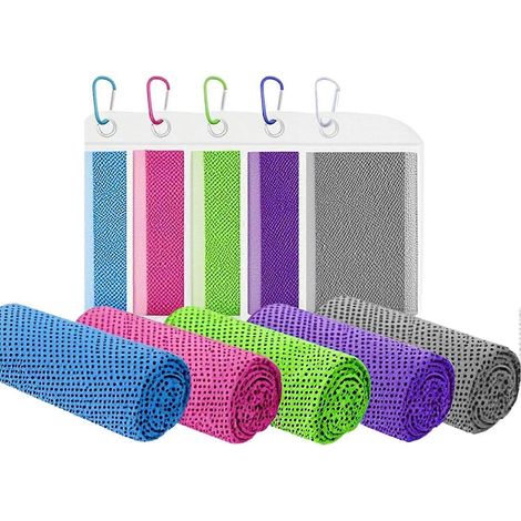 Lot de 5 serviettes rafraîchissantes microfibre, sac étanche + mousqueton réutilisable sport‑course (1/5)