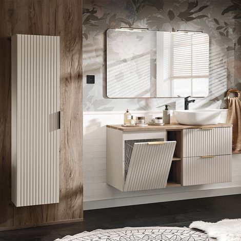 Conjunto mueble lavabo individual 120cm 2 compartimientos cesto de ropa y columna Adriel Cachemira y Madera (1/4)