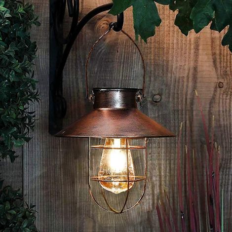 Lanterne solaire suspendue d'extérieur vintage en métal avec lumière LED chaude pour jardin, terrasse, arbre, éclairage paysager solaire vintage en cuivre - parfait-AquaForge