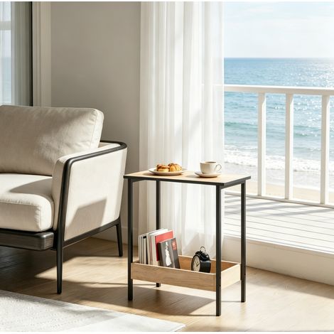 Mesa de apoyo 50 x 25 x 55 cm negra, doble nivel, madera de ingeniería y metal MEUBLIV (1/5)