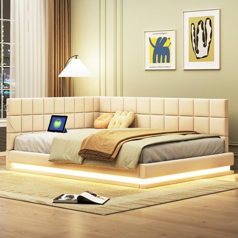 Canapé-lit 140x200 - Velours beige - LED intégrée - Prise USB - Sommier à lattes robuste (1/5)