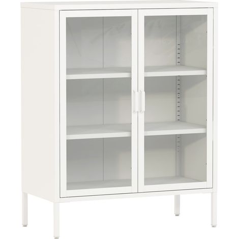Aparador de metal con puertas de cristal acero vidrio templado 102 x 80 x 40 cm blanco 030006607