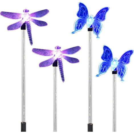 Juego de 4 luces solares LED con forma de estaca para jardín, con mariposas y libélulas que cambian de color. Iluminación decorativa para caminos, patios, césped y terrazas. (1/5)