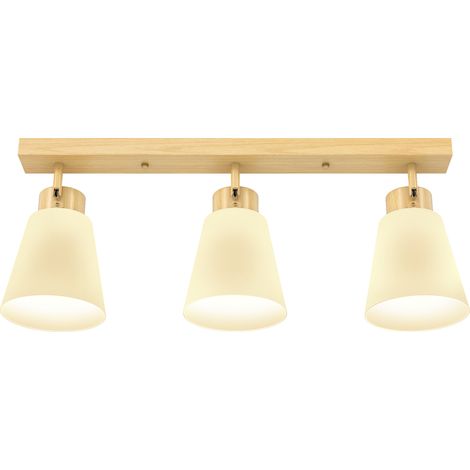 Plafonnier LED 40 W, lampe de plafond à double fixation et têtes orientables à 90° avec 3 douilles E27, bois naturel