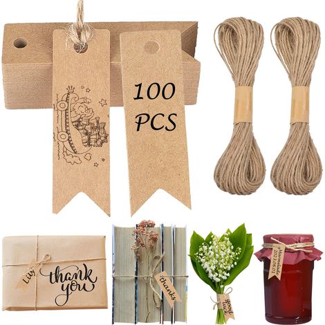 Etiquettes En Papier Kraft - 100 Pièces 7 x 2 cm - Avec Corde En Jute 20 M - Pour Emballage Cadeau Mariage Noël DIY