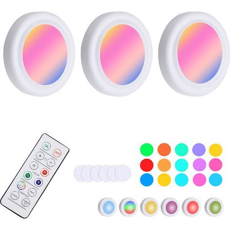 Spot LED RGB À Piles - Télécommande Sans Fil - Éclairage Sous Meuble Et Armoire - 16 Couleurs Réglables - 3 Unités (1/5)