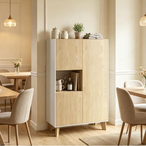 Buffet blanc et chêne clair 80x40x135 cm avec 5 compartiments et fermeture douce (1/5)