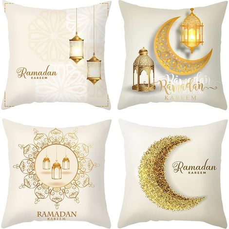 JSSEVN - 4-Piece Decorative Ramadan Cushion Covers, Moon and Lantern Design, Eid Muslim Eid Cushion Cover for Ramadan Party, Kareemcanapé (1/5)