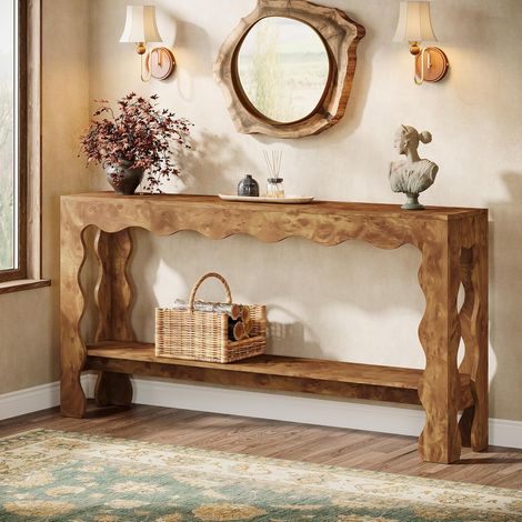 Tribesigns – Table console étroite 160 cm – 2 niveaux avec pieds festonnés – Bois d'ingénierie marron clair – Pour couloir ou salon (1/5)