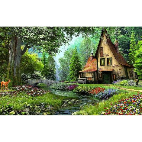 Peinture sur toile, paysage, chalet idéal, rivière, arbres, forêt, fleurs, cerf, 60 x 40 cm, cadre en bois, multicolore (1/4)
