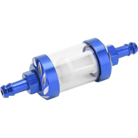 Filtre à carburant en verre, coque en aluminium, remplacement auto, moto, quad, SUV, pit bike, bleu, élément filtrant universel, essence, compatible voitures et motos. (1/5)