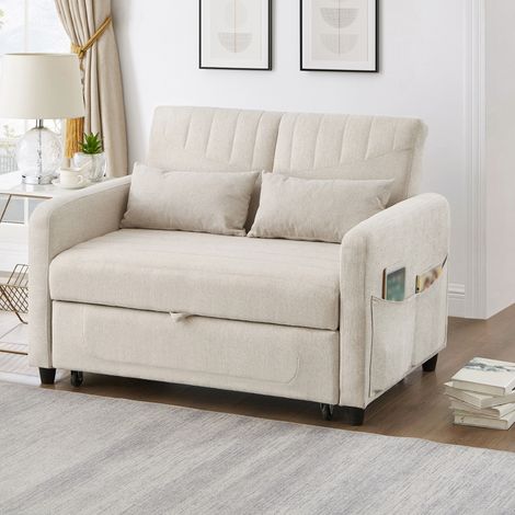 Sofá cama de 2 plazas, convertible en cama doble, respaldo reclinable en 3 posiciones, tejido de algodón y lino beige (1/5)