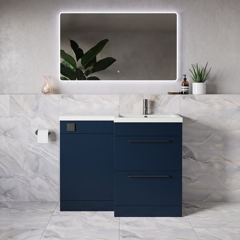 Napoli 390 Deep Blue 1100mm 2 Drawer Vanity Unit Toilet Suite with Square Right Hand Lucia Basin - 1100mm - Gunmetal Grey 320mm HandleWithout Kingston Toilet Pan