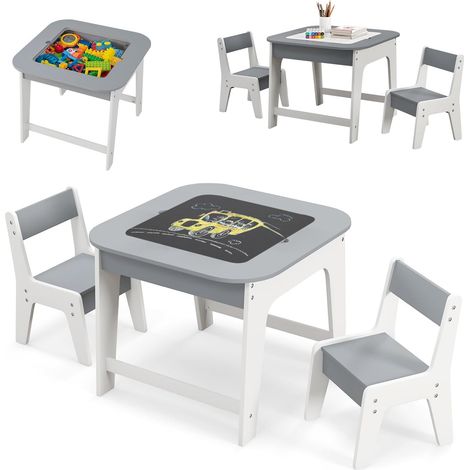 COSTWAY 3 en 1 Table Enfant en Bois avec 2 Chaises & Tableau Noir & Blanc, Table d'Activités Enfant avec Espace de Rangement Caché, Charge 30kg pour Jouer Lire pour Tout-Petits de 3-6 Ans (Gris) (1/5)