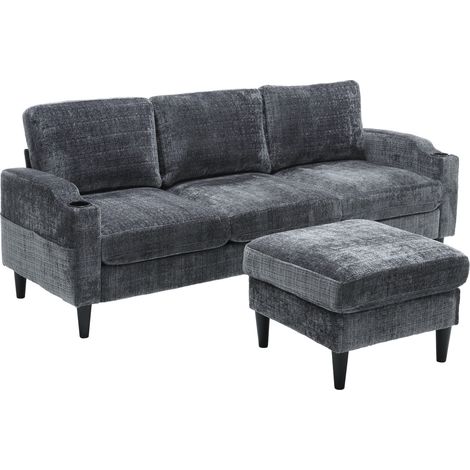 Canapé 4 places avec pouf de rangement en tissu chenille - accoudoirs avec porte-gobelets et poches latérales, pieds en plastique robustes (1/5)