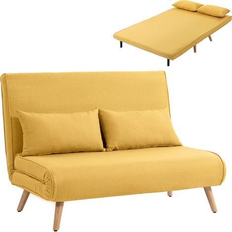 HOMCOM sofá cama de 2 plazas plegable, sofá cama, tapizado en lino, con respaldo ajustable 5 posiciones, 2 almohadas, para dormitorio, salón, amarillo (1/5)