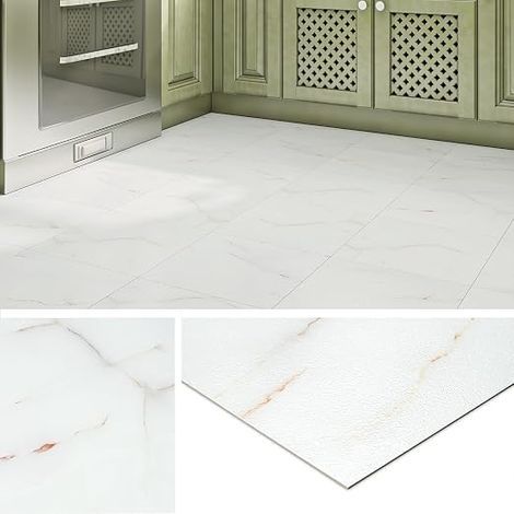 Modern Marble Effect PVC Tile Adhesive Floor 30 x 30 cm Lino Floor Adhesive Kitchen Washable Tiles Adhesive Floors Bathroom White PVC Adhesive Floors Marble Light Corridor, 4 Tiles (1/5)