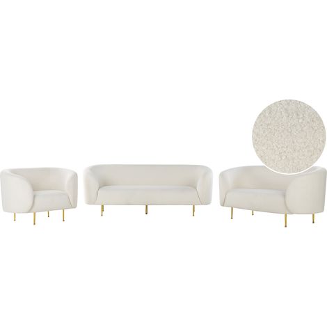 Conjunto de sala de estar 6 plazas de poliéster blanco dorado bouclé patas Loen
