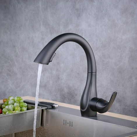 Mitigeur cuisine noir avec douchette extractible, laiton, 360° pivotant (1/5)