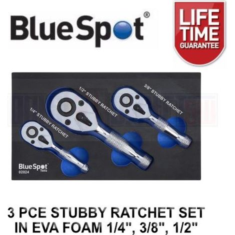 BlueSpot 3pc Stubby Socket Ratchet Handle Set 1/4", 3/8", 1/2" Set In EVA Foam (1/4)