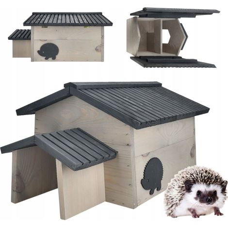 Casita grande de madera para erizos, refugio resistente, techo abatible, 55x38x28cm (1/5)
