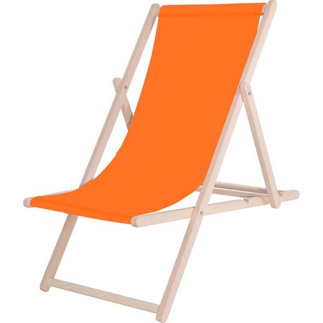 Tumbona de playa plegable, de madera con material naranja.