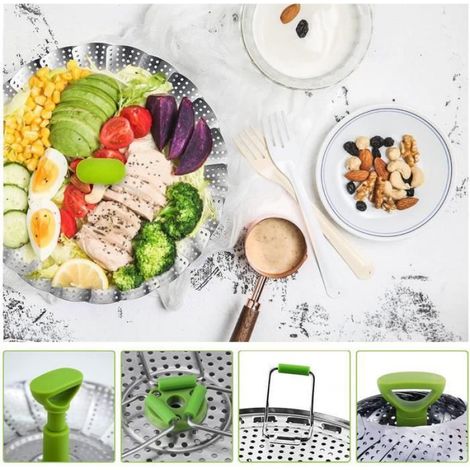 Pliable Panier Vapeur, Panier Vapeur Télescopique Pliable en Acier Inoxydable, avec poignée Extensible Anti-Chaude et Pieds an[120] (1/4)