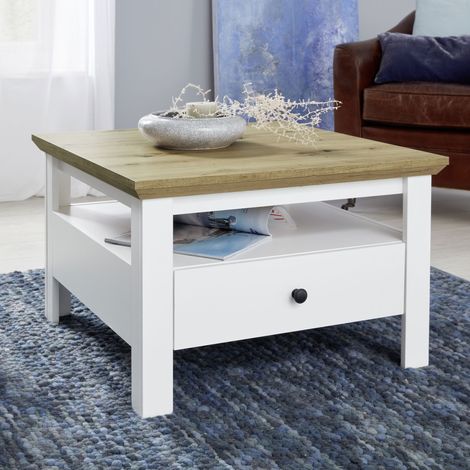 Table basse carrée 70x70x46 cm décor chêne et blanc mat (1/5)