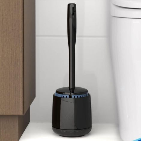 Cepillo para inodoro, cepillo y soporte premium para inodoro con tapa automática, cepillo para limpiar la taza del inodoro, negro (1/3)