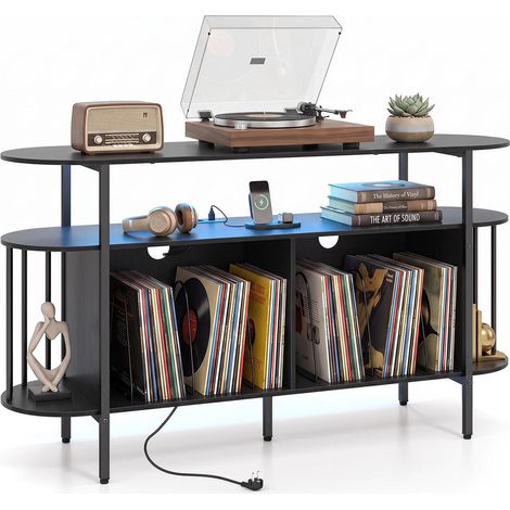 Noir avec LED réglables, meuble pour platine vinyle et rangement disques, station de charge pour salon (1/4)