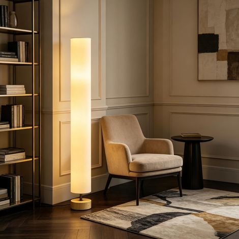 Lámpara de pie beige con pantalla de tela, doble casquillo E27 e interruptor de pedal, 120 cm de alto, para salón o dormitorio – CHICFURN, iluminación decorativa (1/5)