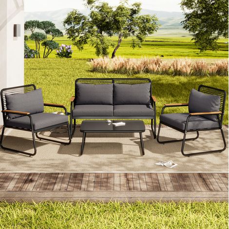 Muebles de jardín de metal 4 plazas negro con cojines, mesa de cristal templado y patas regulables (1/5)