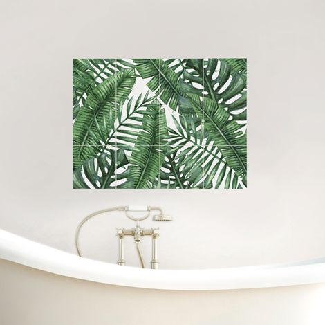 Sticker adhésif 15x15 cm x12, déco homestaging, motif fleurs tropicales vert foncé, style aquarel, décorez votre intérieur avec style. (1/5)