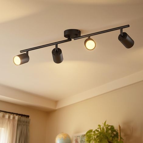 Plafonnier LED 4 Spots, Luminaires d'Intérieur GU10 Noir Givré, Spot Plafond Lustre Salon, Métal Rampe (Sans Ampoule) (1/5)