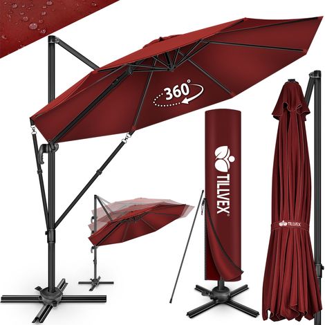tillvex Parasol haut de gamme en aluminium rouge 330 cm + housse et pare-vent  Parasol déporté 6 positions avec manivelle  Parasol de jardin rotatif, inclinable et inclinable à 360°  Grand parasol à m