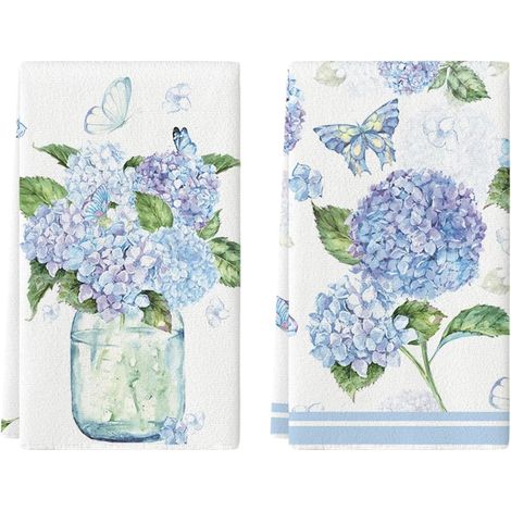 Lot de 2 torchons de cuisine en polyester motif hortensia papillon vase printemps torchons de cuisine 42 x 65 cm décoration saisonnière été (1/5)