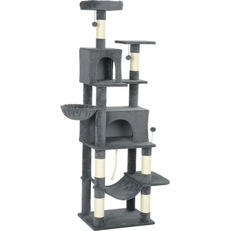 Arbre à chat avec plateforme, tour, hamac, grottes et poteaux sisal 60x48x202 cm Gris